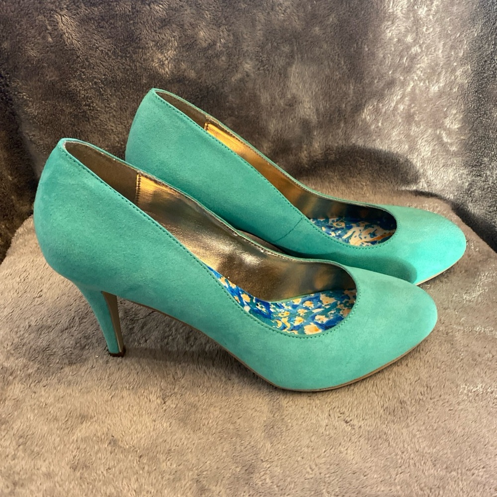 Madden Girl Heels Propose Teal Mint Green Faux Suede Sz 10 3.5” Pump Stiletto 👠